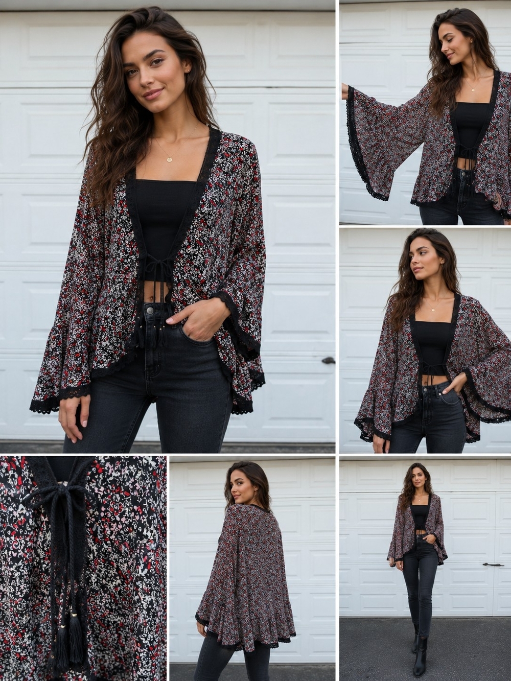 Free People Boho Floral Bell Sleeve Tassel Tie Kimono Cardigan Medium